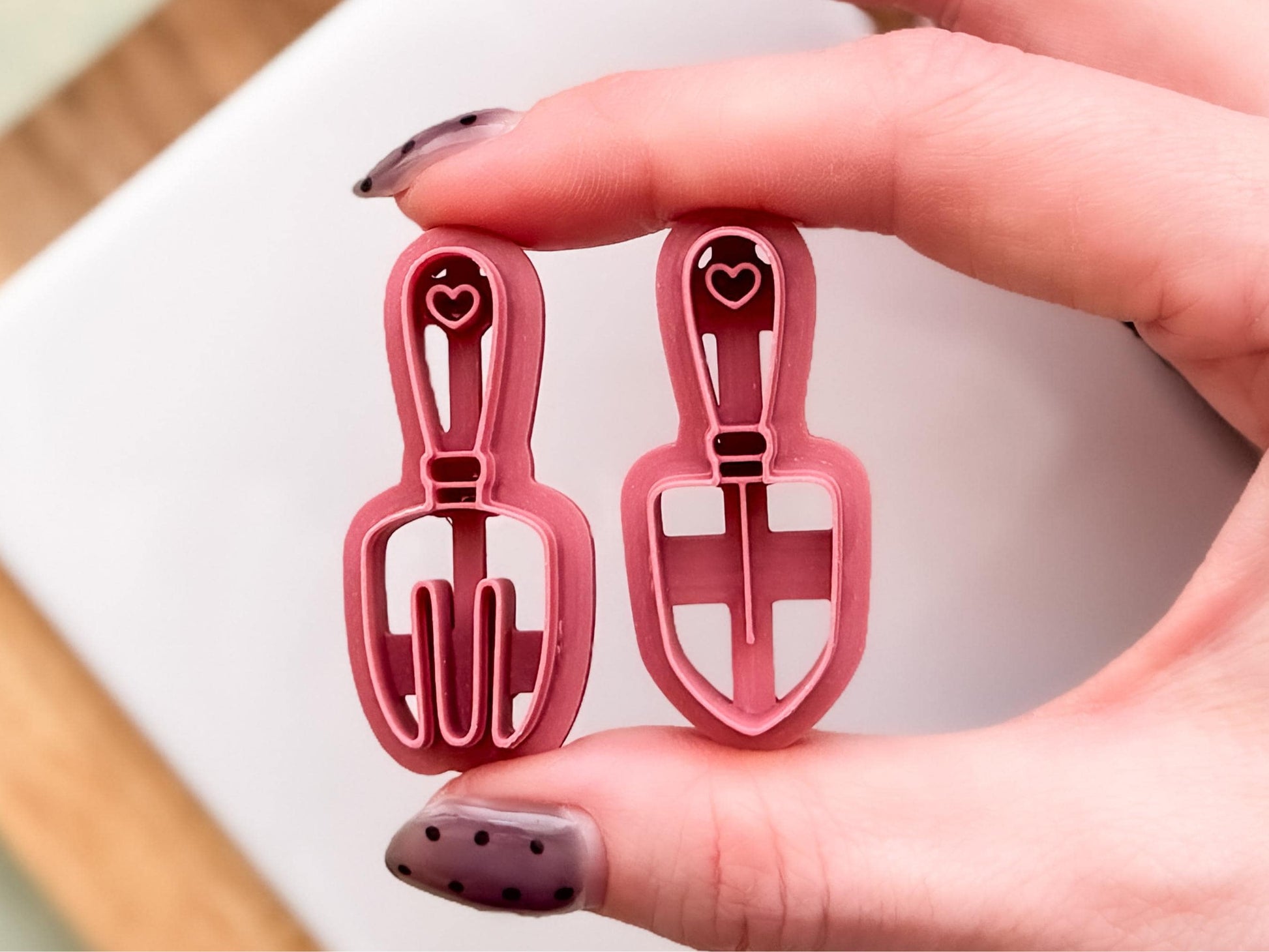 Gardening tool polymer clay cutters – fork, spade and trowel shapes, 4cm size, Fabled Cutters UK studio