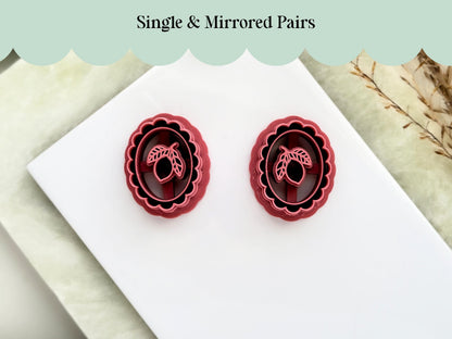 A mirrored pair of 3 cm mediterranean themed lemon polymer clay cutters within a scalloped edge oval frame. Designed for summer clay earring, brooch and jewellery making.