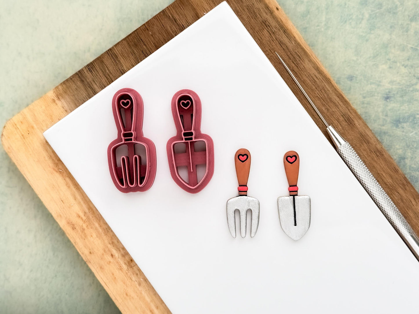 Gardening tools polymer clay cutter set – fork and trowel shapes, 2.5cm size, UK-made by Fabled Cutters