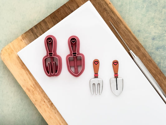 Gardening tools polymer clay cutter set – fork and trowel shapes, 2.5cm size, UK-made by Fabled Cutters