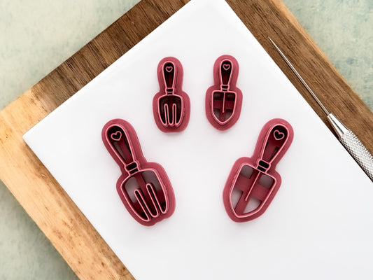 Polymer clay gardening tool cutters – spade and fork shapes