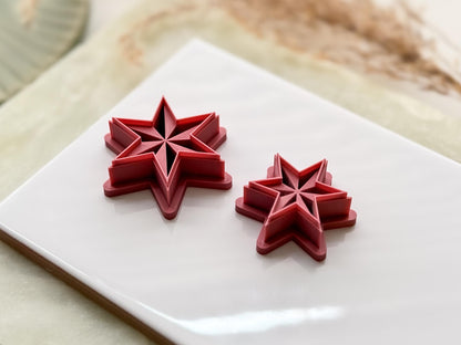 Two 6 point point star clay cutters in emo witchy style with debossed sections.