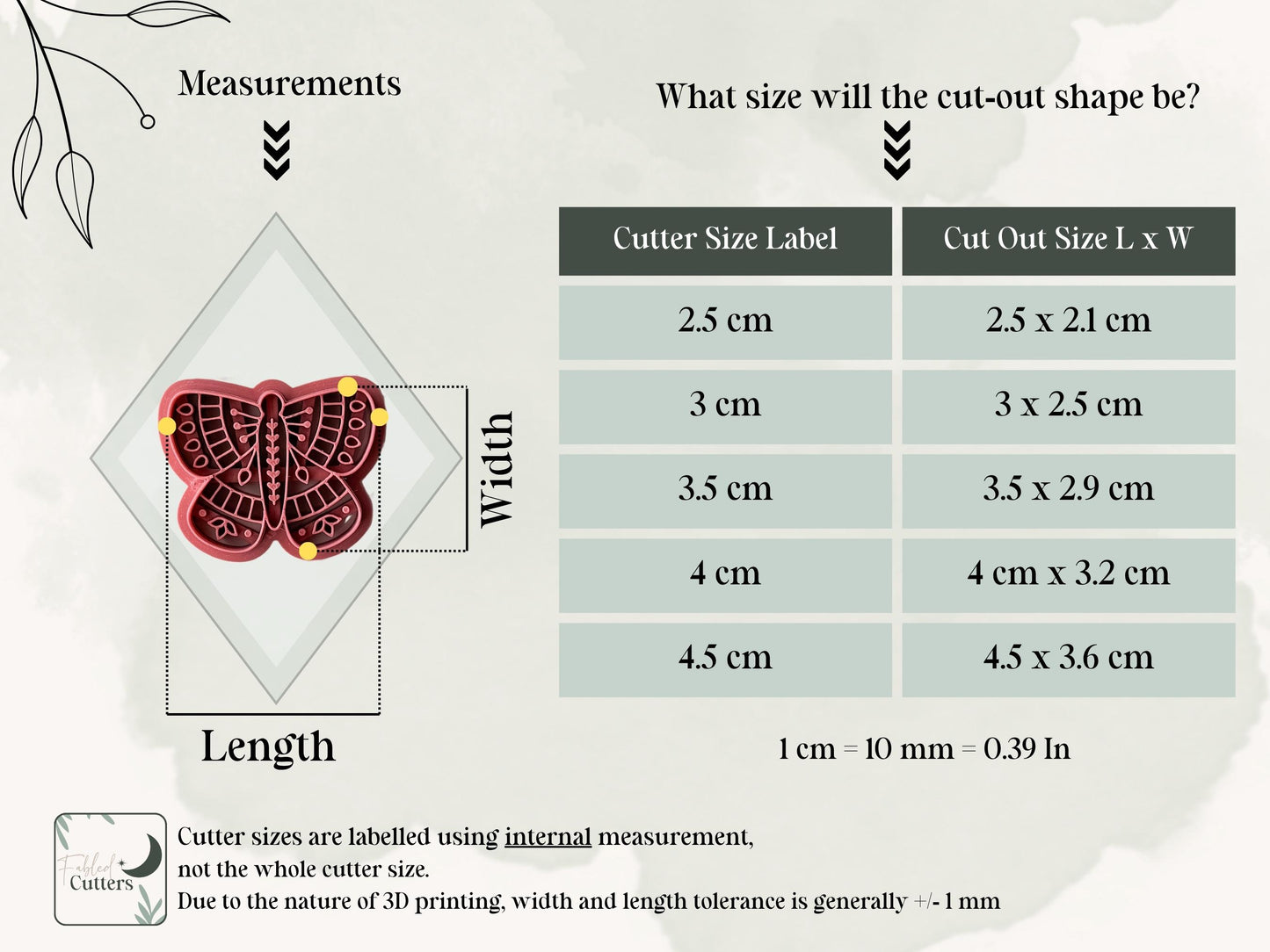 Folk Style Butterfly Cutter size chart
