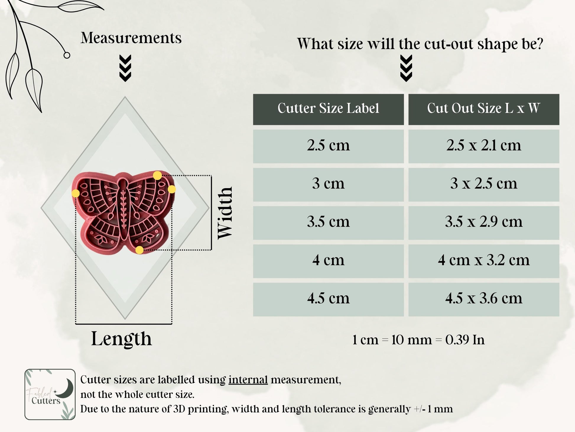 Folk Style Butterfly Cutter size chart