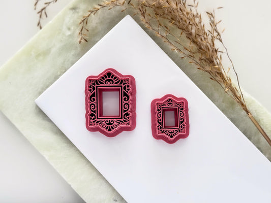 Rectangle ornate frame cutter in large and small for making polymer clay earrings. They feature intricate art deco style stamp details.