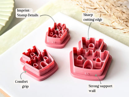 Labelled diagram of sandcastle shaped clay cutter highlighting key structural features including the cutting edge, cutter height and imprint detail
