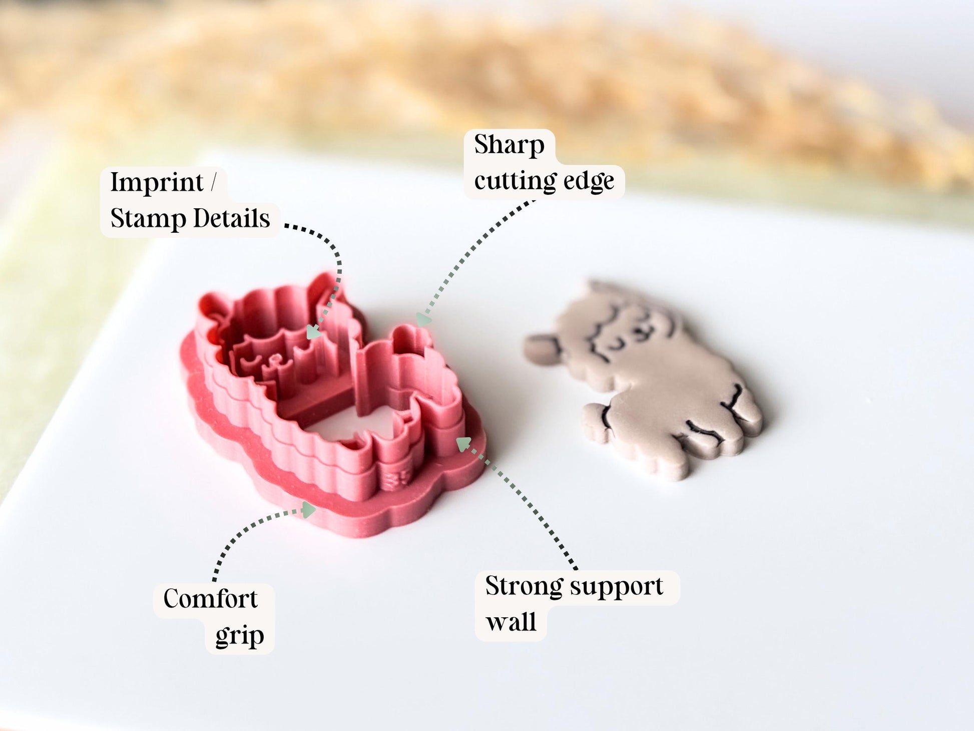 A pink llama-shaped clay cutter with a comfort grip, sharp cutting edge, and strong support wall, alongside a beige llama-shaped polymer clay cut out earring. Text labels point to the imprint stamp details, sharp cutting edge, comfort grip, and wall.