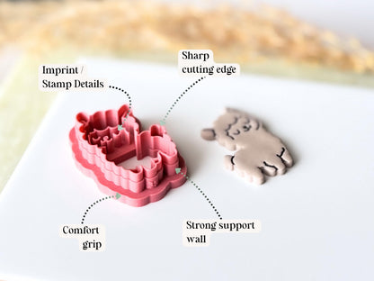 A pink llama-shaped clay cutter with a comfort grip, sharp cutting edge, and strong support wall, alongside a beige llama-shaped polymer clay cut out earring. Text labels point to the imprint stamp details, sharp cutting edge, comfort grip, and wall.
