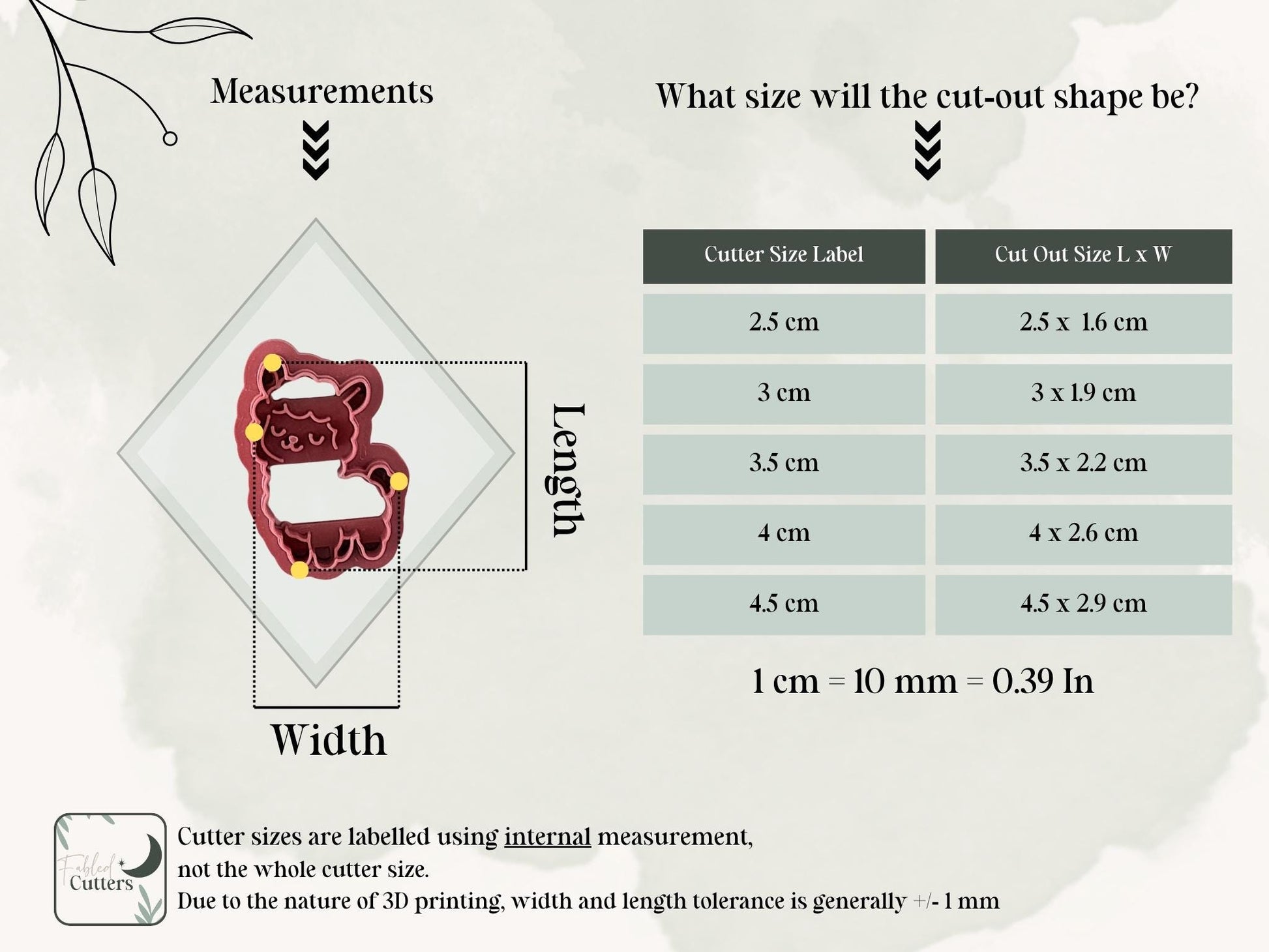 Llama cutter measurement guide detailing length and width of cutters from 2.5 up to 4.5cm