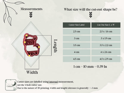 Llama cutter measurement guide detailing length and width of cutters from 2.5 up to 4.5cm
