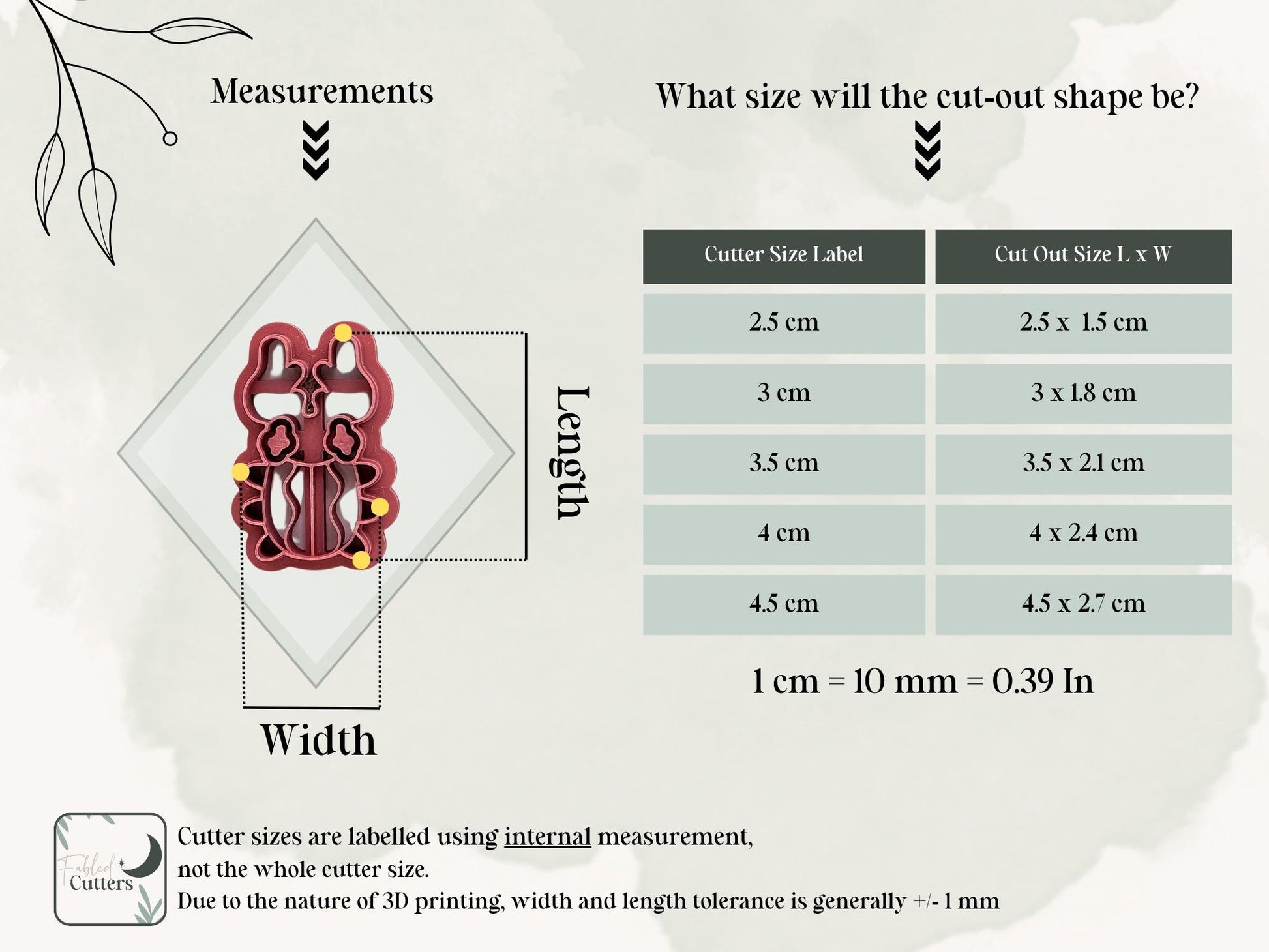 Size chart detailing measurements of horn beetle clay cutter tool in sizes 2.5 - 4.5 cm