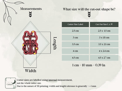 Size chart detailing measurements of horn beetle clay cutter tool in sizes 2.5 - 4.5 cm