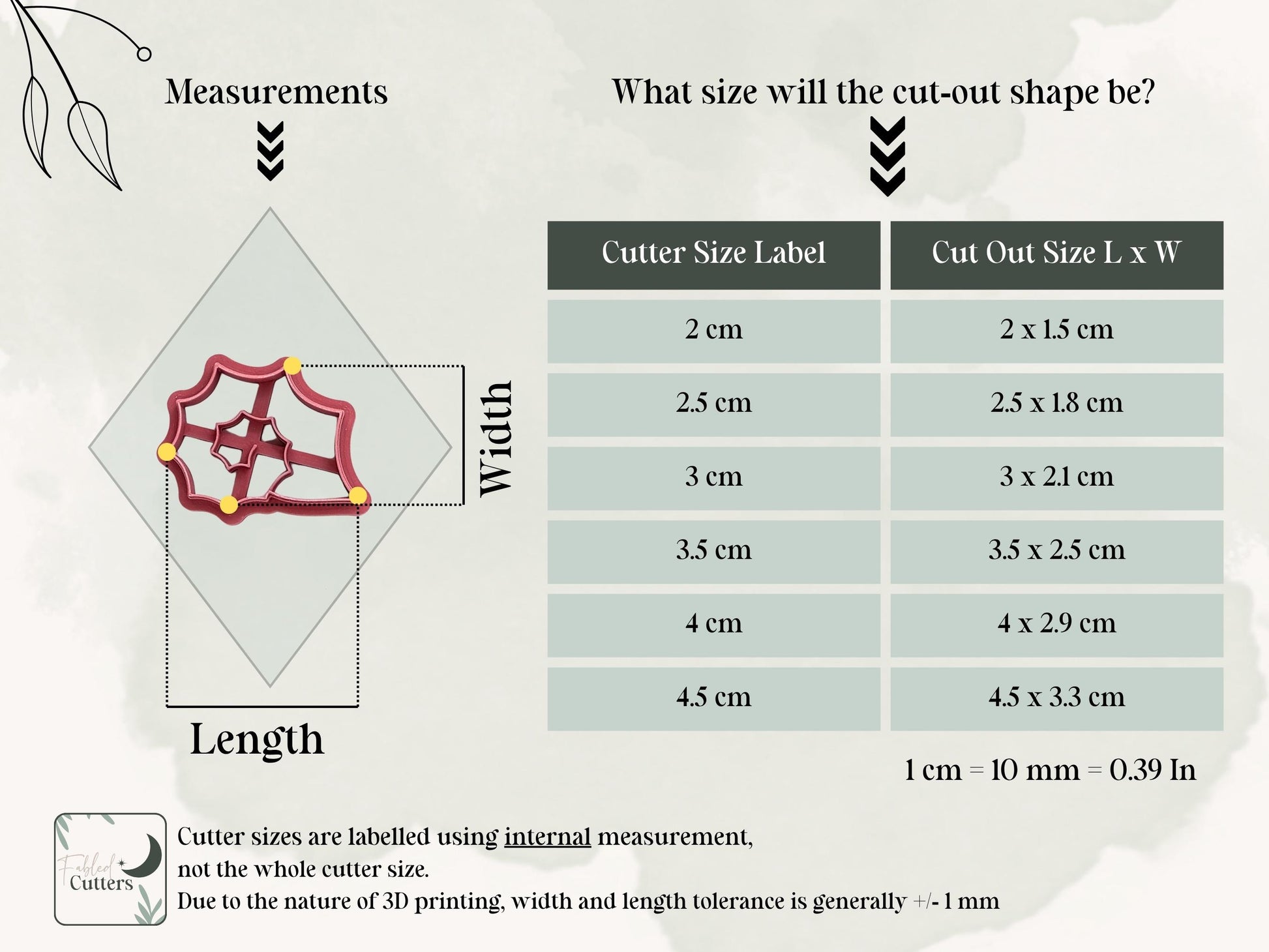 Spiky sea snail shell polymer clay cutter measurement chart, displaying the size for cutters from 2cm up to 4.5cm.