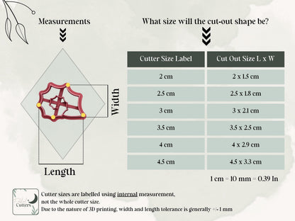 Spiky sea snail shell polymer clay cutter measurement chart, displaying the size for cutters from 2cm up to 4.5cm.
