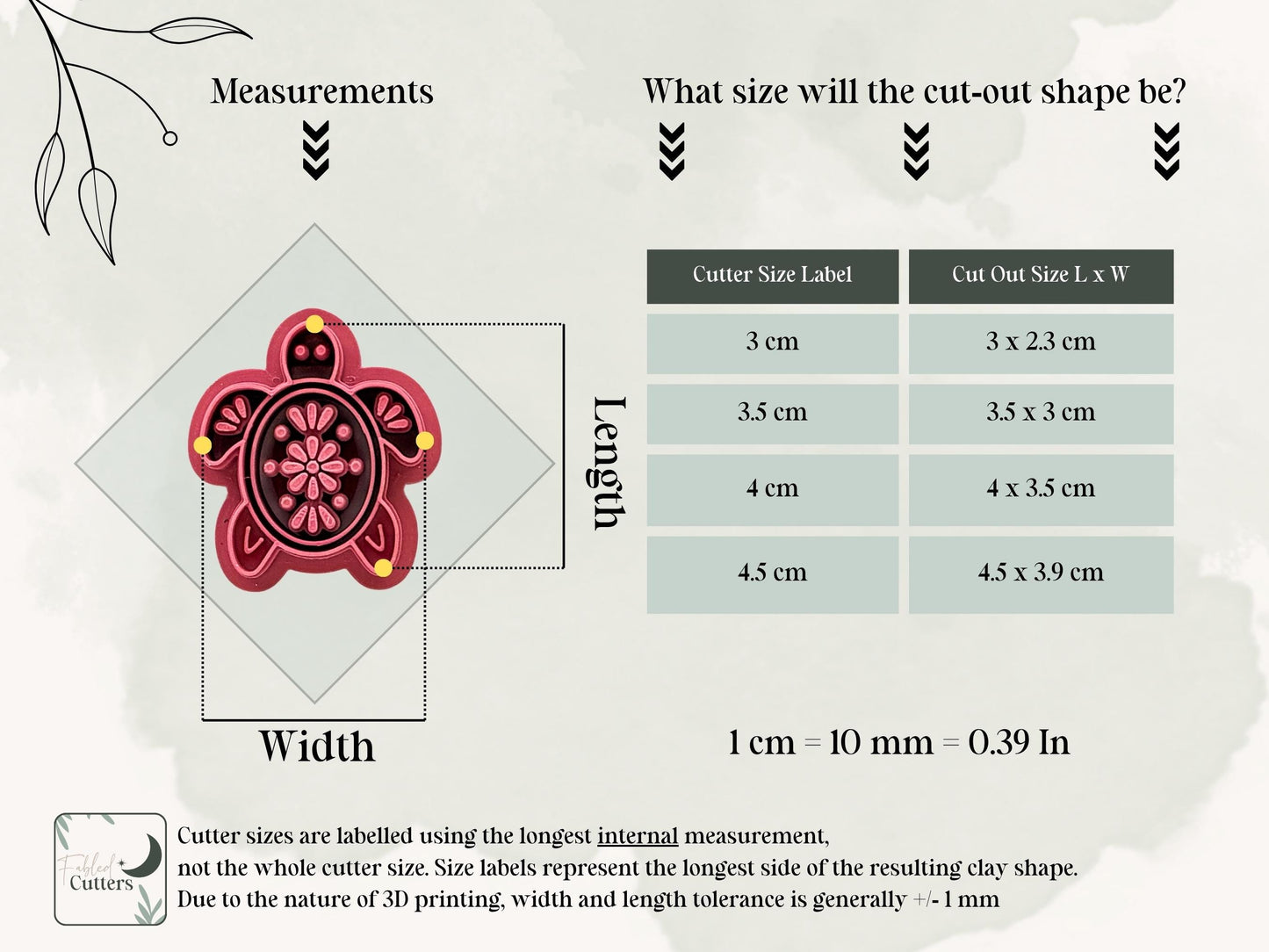 Size guide for a floral sea turtle polymer clay cutter showing how cutter labels relate to the finished clay shape dimensions. Includes measurements for 3 cm, 3.5 cm, 4 cm and 4.5 cm cutters, plus width and length reference points.
