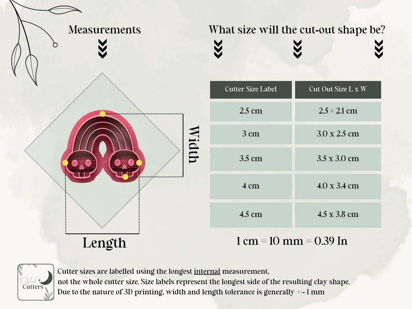 Measurement guide for a gothic rainbow polymer clay cutter with skull details, showing the finished clay shape dimensions for sizes from 2.5 cm to 4.5 cm. Includes length and width reference points and cut-out size chart.