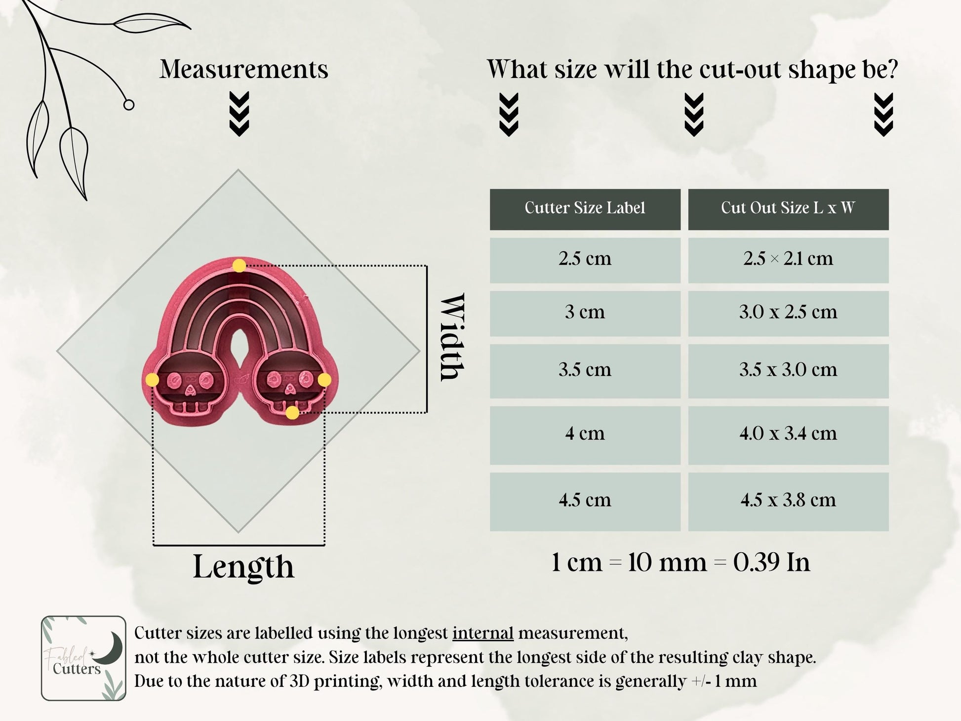 Measurement guide for a gothic rainbow polymer clay cutter with skull details, showing the finished clay shape dimensions for sizes from 2.5 cm to 4.5 cm. Includes length and width reference points and cut-out size chart.