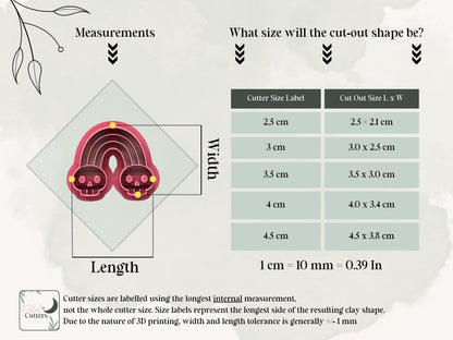 Measurement guide for a gothic rainbow polymer clay cutter with skull details, showing the finished clay shape dimensions for sizes from 2.5 cm to 4.5 cm. Includes length and width reference points and cut-out size chart.