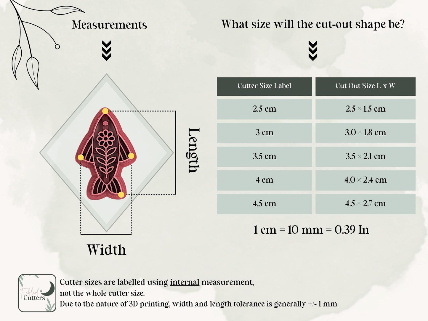 Measurement guide for ornamental fish polymer clay cutter showing internal sizing method and a table of finished clay cut-out dimensions from 2.5 cm to 4.5 cm.