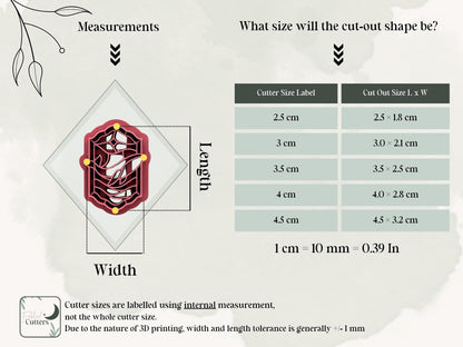 Measurement guide showing available sizes and cut-out dimensions for the stained glass whale polymer clay cutter.