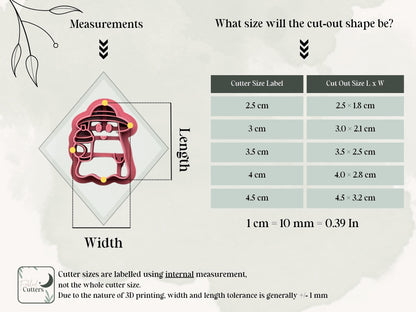 Measurement guide showing available sizes and cut-out dimensions for the summer ghost polymer clay cutter.