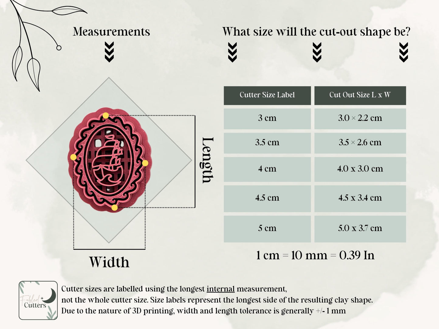 Ornate sailing ship cameo polymer clay cutter size guide showing internal cutter measurements and finished clay cut-out dimensions from 3 cm to 5 cm.