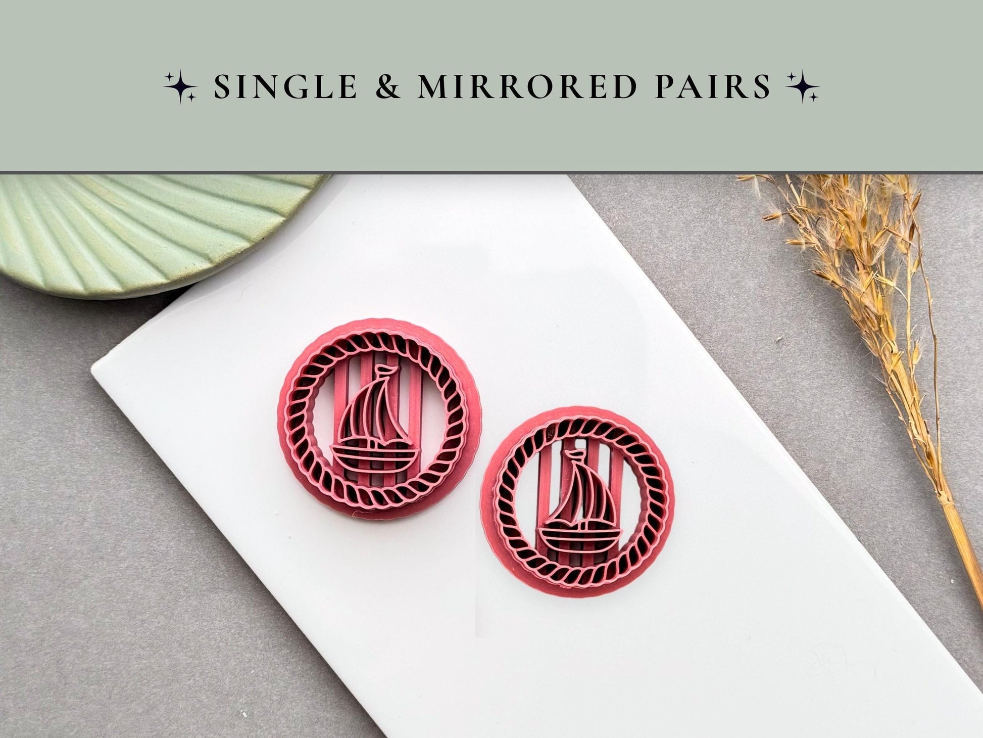 Mirrored pair of round sailing boat polymer clay cutters with rope border detail, showing left and right facing designs for creating matching clay earrings or symmetrical nautical embellishments.