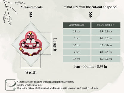 Measurement guide showing available sizes and cut-out dimensions for the ghost in a pool float polymer clay cutter.