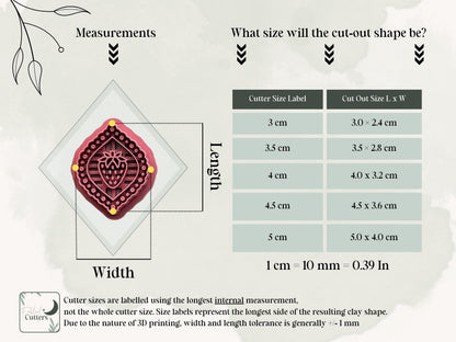 Size guide for the strawberry frame polymer clay cutter showing internal cutter measurements and the finished clay cut-out dimensions for all available sizes.
