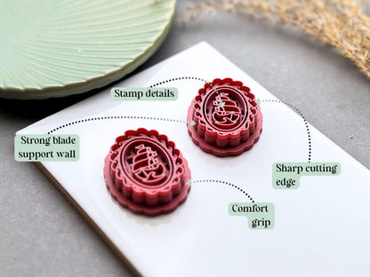 Polymer clay cutters with annotated features, highlighting the detailed stamp imprint, sharp cutting edge, strong blade support wall and comfortable grip for clean, precise clay cuts.