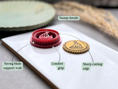 Polymer clay cutter with annotated features, highlighting the detailed stamp imprint, sharp cutting edge, strong blade support wall and comfortable grip for clean, precise clay cuts.