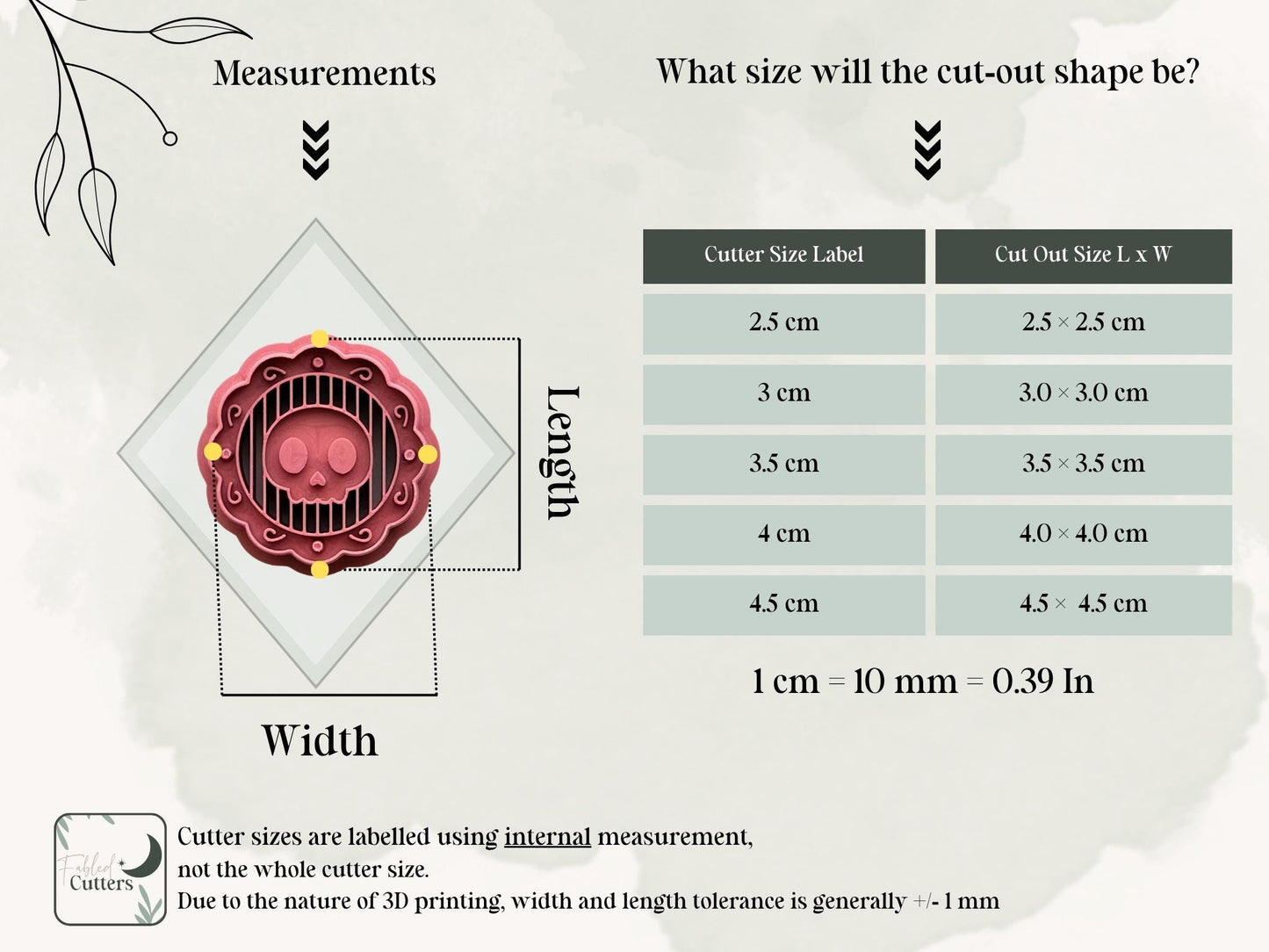 Skull medallion polymer clay cutter size chart showing available cutter sizes from 2.5 cm to 4.5 cm and corresponding finished polymer clay skull medallion dimensions, with cutter sizes measured by the internal cutting edge.