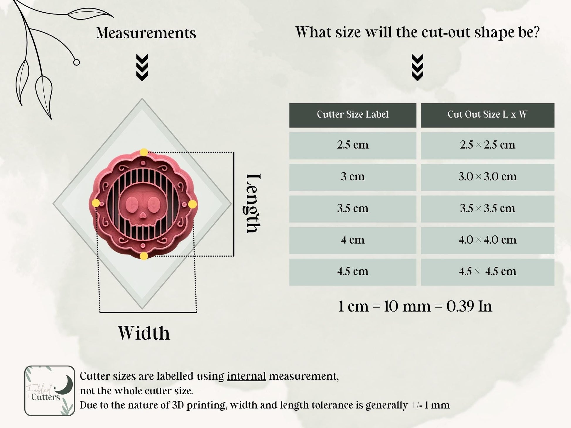 Skull medallion polymer clay cutter size chart showing available cutter sizes from 2.5 cm to 4.5 cm and corresponding finished polymer clay skull medallion dimensions, with cutter sizes measured by the internal cutting edge.
