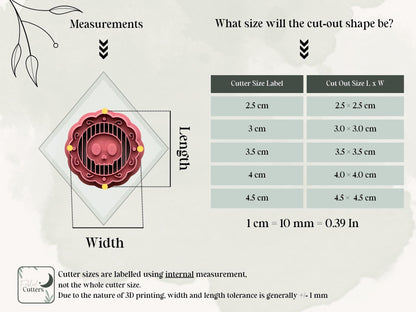 Skull medallion polymer clay cutter size chart showing available cutter sizes from 2.5 cm to 4.5 cm and corresponding finished polymer clay skull medallion dimensions, with cutter sizes measured by the internal cutting edge.