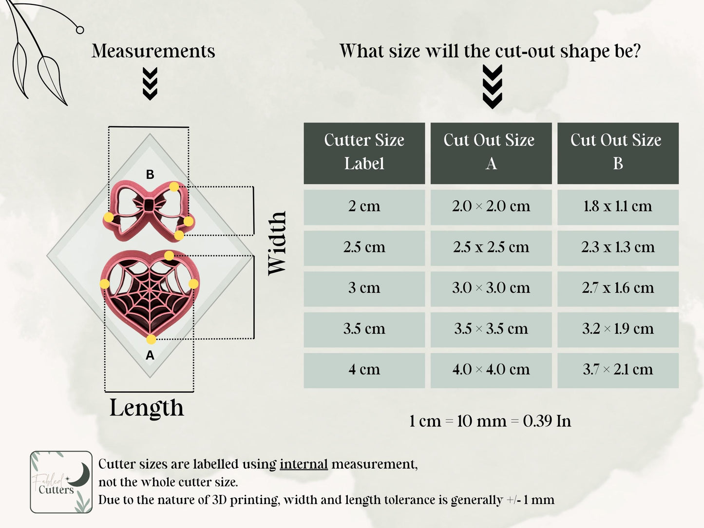 Spider web heart and bow polymer clay cutter size chart showing available cutter sizes from 2 cm to 4 cm and corresponding finished polymer clay heart and bow dimensions, with cutter sizes measured by the internal cutting edge.