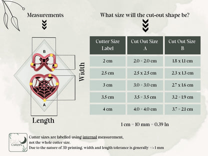 Spider web heart and bow polymer clay cutter size chart showing available cutter sizes from 2 cm to 4 cm and corresponding finished polymer clay heart and bow dimensions, with cutter sizes measured by the internal cutting edge.