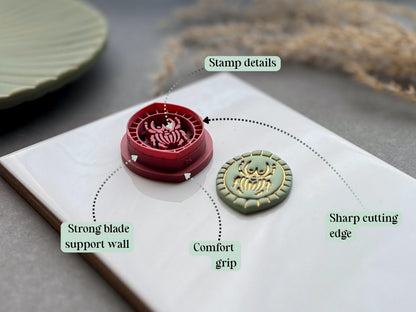 Feature graphic highlighting the Goliath beetle polymer clay cutter's detailed stamp imprint, sharp cutting edge, strong blade support wall and comfortable grip, shown beside the matching finished clay embellishment.