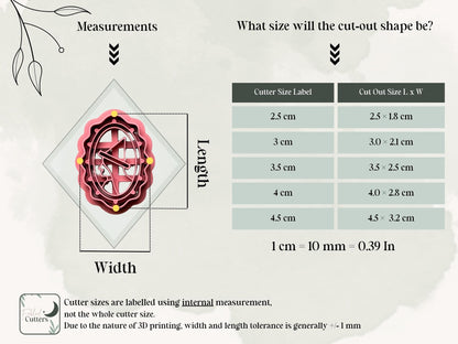 Witch hat polymer clay cutter size guide showing the internal cutter measurements and resulting clay cut-out sizes, available in 2.5 cm, 3 cm, 3.5 cm, 4 cm and 4.5 cm sizes.
