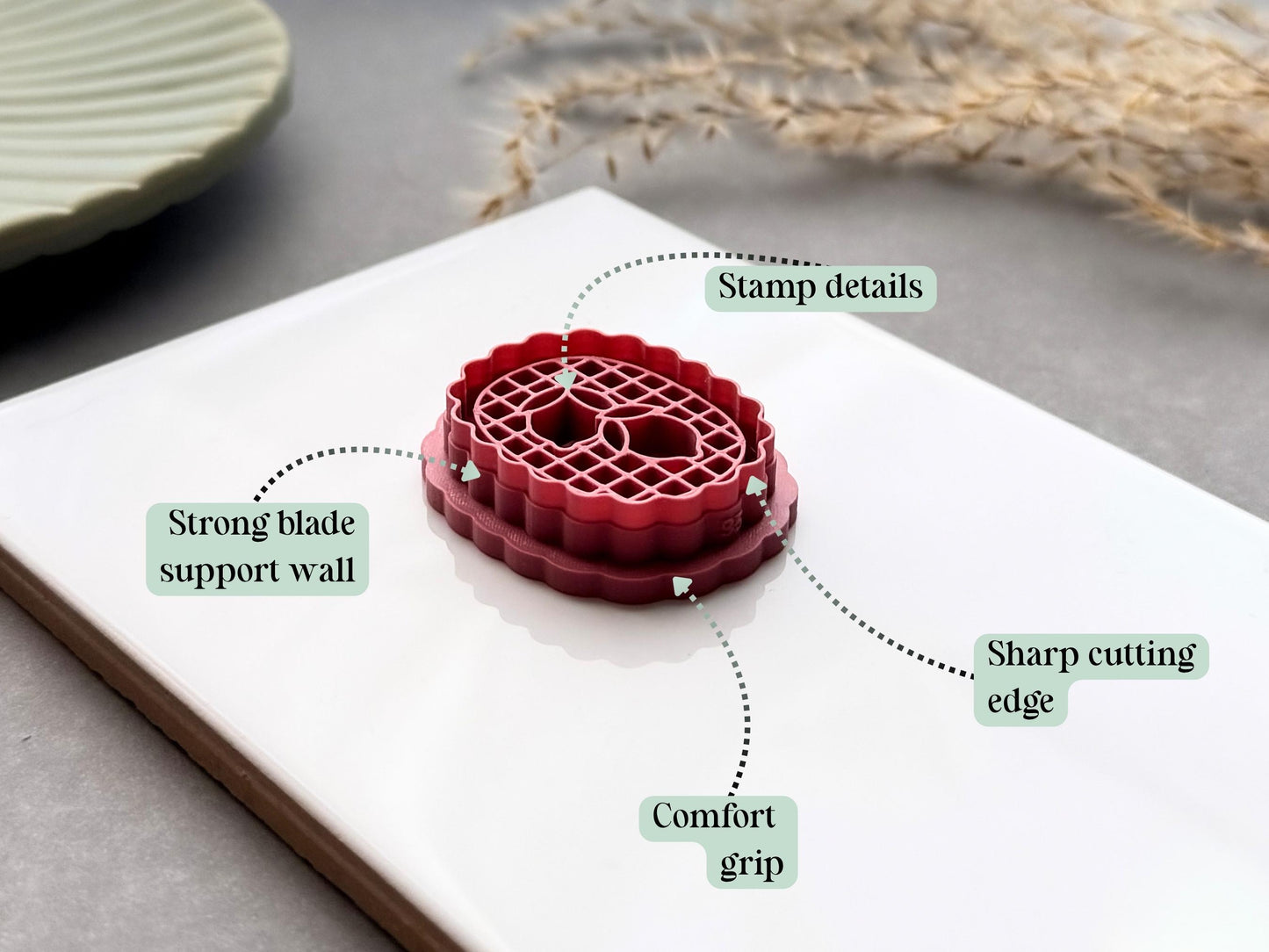 Feature graphic highlighting the lemon frame polymer clay cutter's detailed stamp imprint, sharp cutting edge, strong blade support wall and comfortable grip handle, shown from a side angle to showcase the cutter's construction.