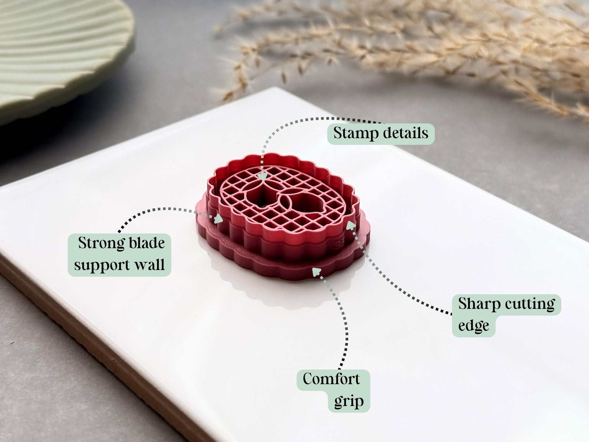 Feature graphic highlighting the lemon frame polymer clay cutter's detailed stamp imprint, sharp cutting edge, strong blade support wall and comfortable grip handle, shown from a side angle to showcase the cutter's construction.