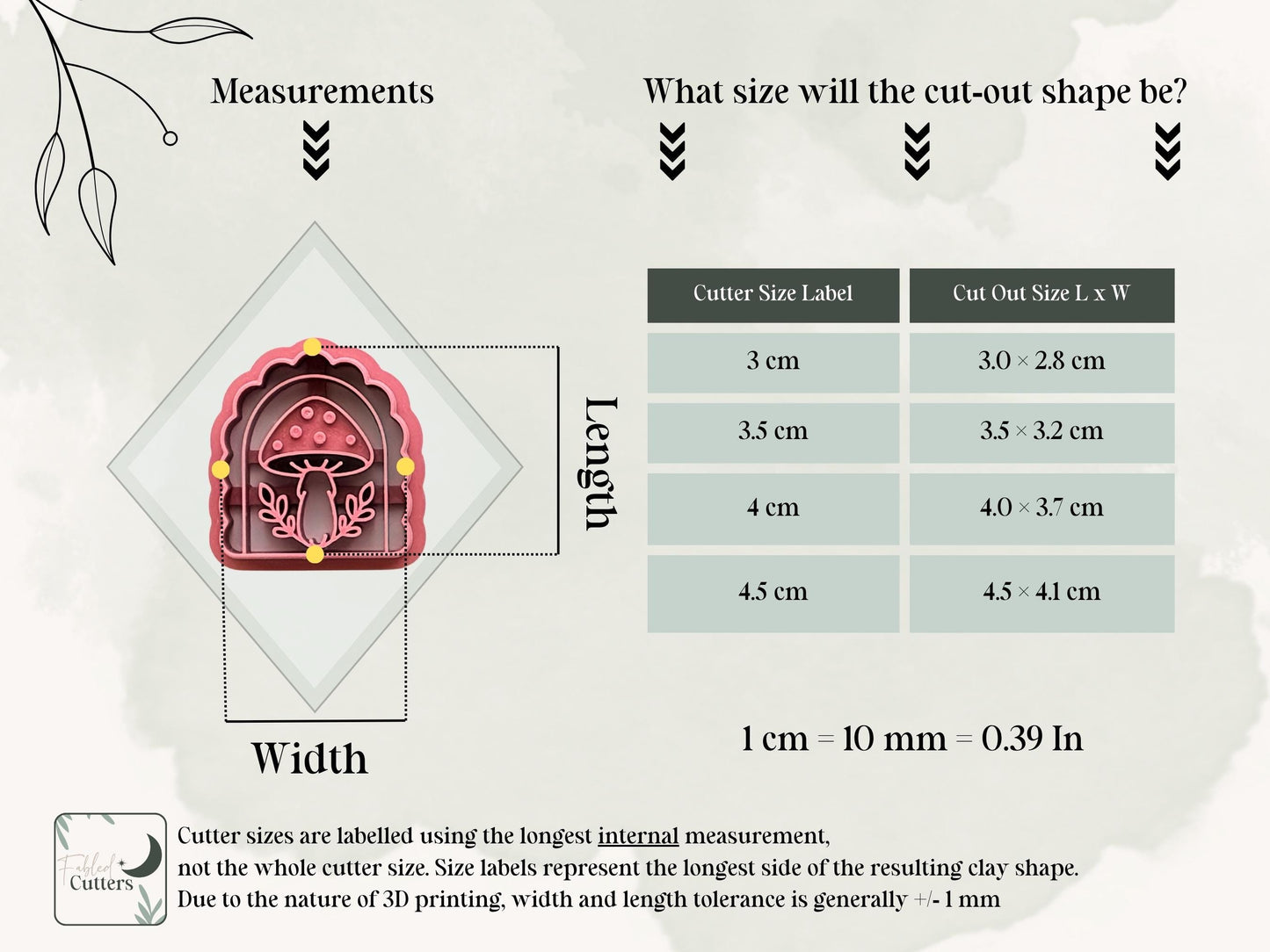 Pink arch-shaped polymer clay cutter featuring a detailed spotted mushroom design with leafy details, shown in a measurement guide with sizes from 3 cm to 4.5 cm and corresponding cut-out dimensions.