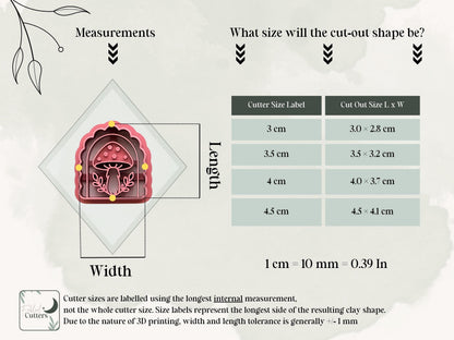 Pink arch-shaped polymer clay cutter featuring a detailed spotted mushroom design with leafy details, shown in a measurement guide with sizes from 3 cm to 4.5 cm and corresponding cut-out dimensions.