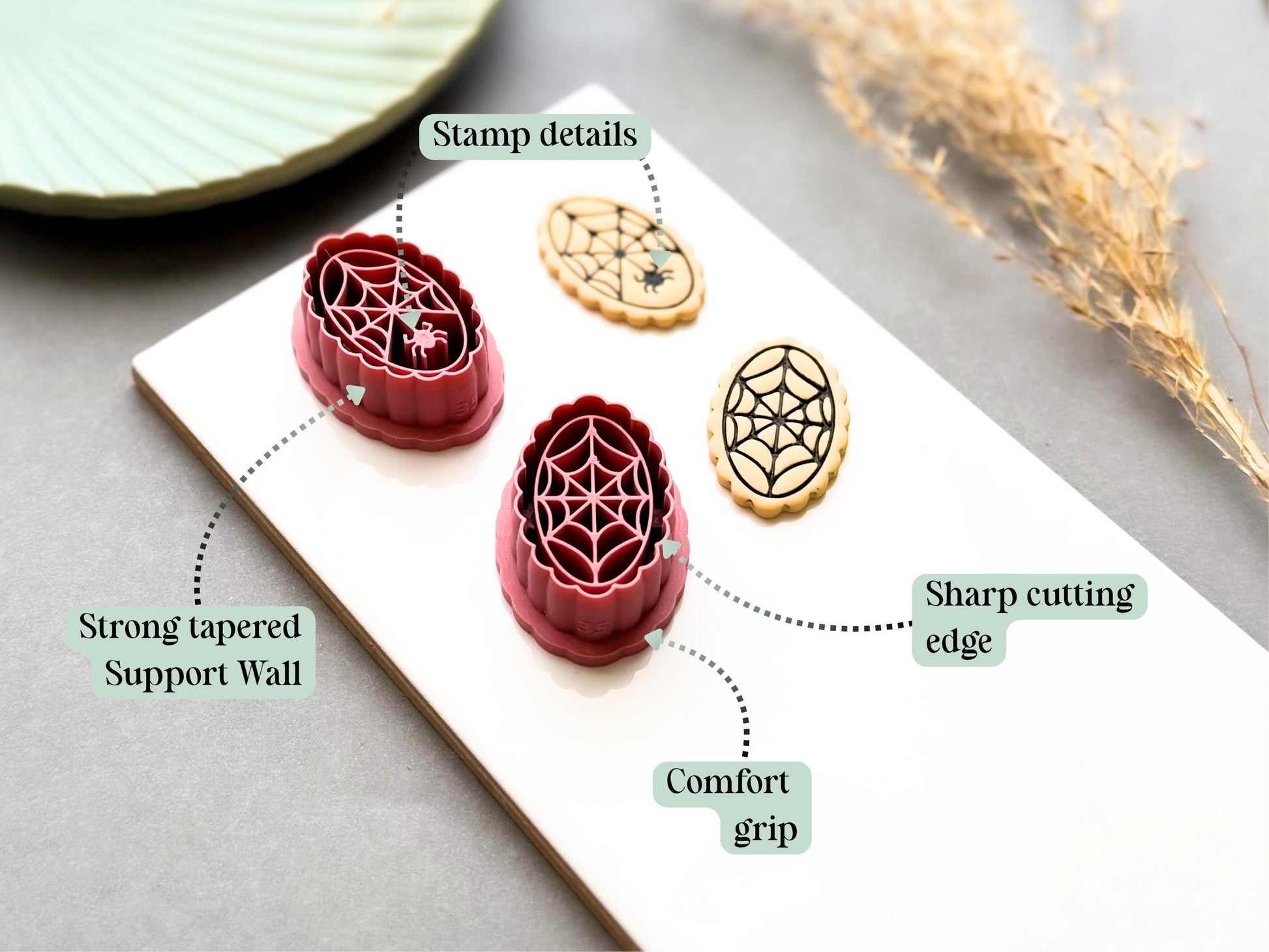Feature graphic highlighting the spider web and spider polymer clay cutter's detailed stamp imprint, sharp cutting edge, strong tapered support wall and comfortable grip, shown alongside matching finished clay embellishments.