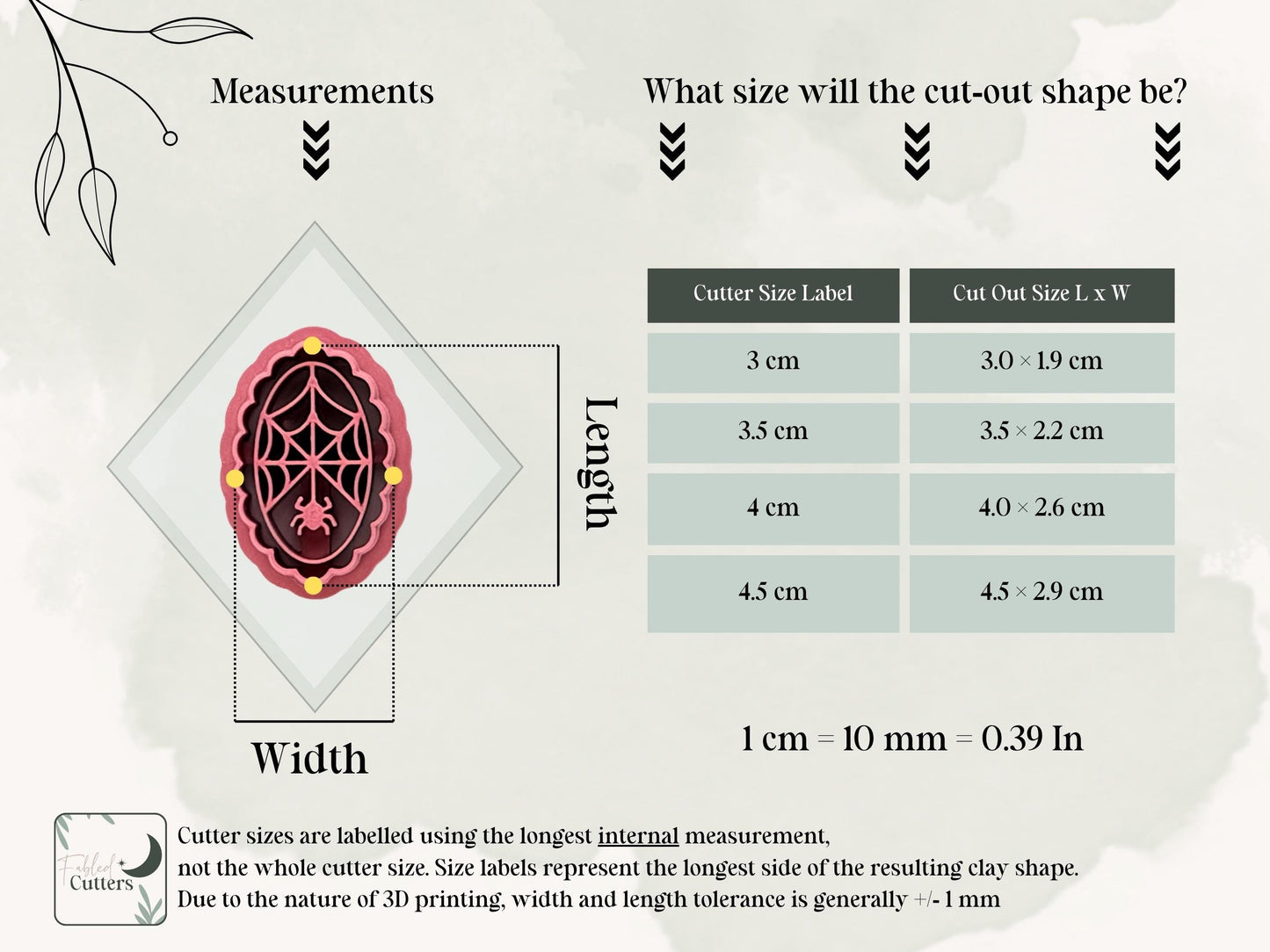 Spider web and spider polymer clay cutter size guide showing the internal cutter measurements and resulting clay cut-out sizes, available in 3 cm, 3.5 cm, 4 cm and 4.5 cm sizes.