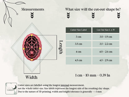 Spider web and spider polymer clay cutter size guide showing the internal cutter measurements and resulting clay cut-out sizes, available in 3 cm, 3.5 cm, 4 cm and 4.5 cm sizes.