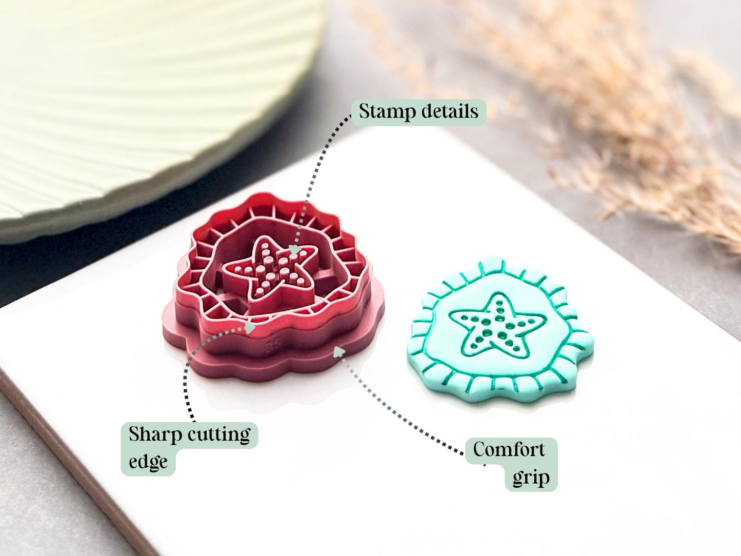 Starfish polymer clay cutter feature image showing the detailed stamp design, sharp cutting edge and comfortable grip, alongside a finished turquoise starfish clay piece.