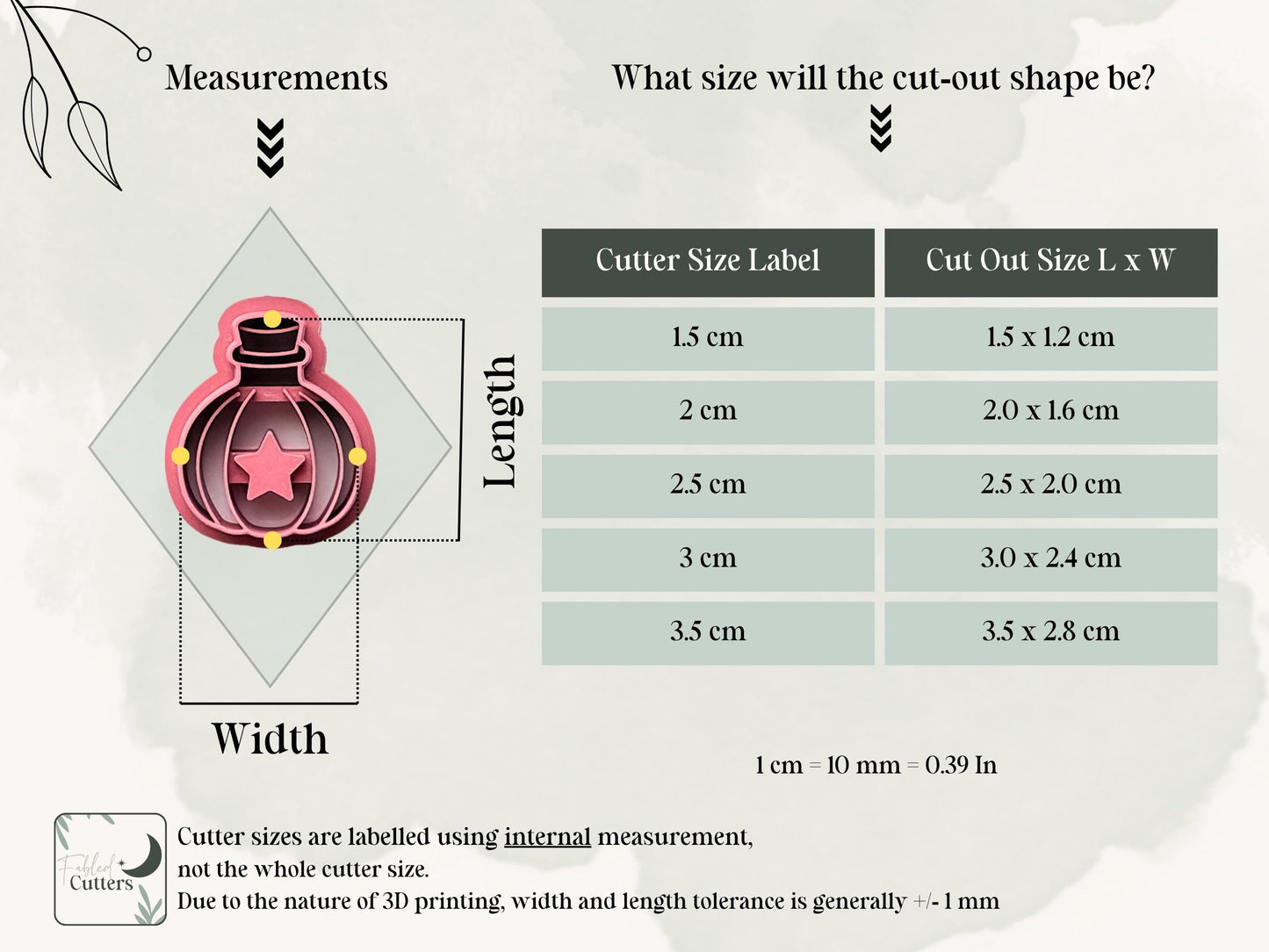 Potion bottle polymer clay cutter size chart showing 1.5 cm to 3.5 cm cutter sizes and corresponding cut-out dimensions, with a star-shaped centre design.