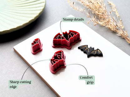 Bat polymer clay cutter feature graphic highlighting the detailed stamp design, sharp cutting edge and comfortable grip, shown alongside a matching finished bat clay embellishment.