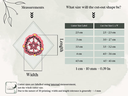 Starfish polymer clay cutter size guide showing cutter measurements and finished cut-out dimensions from 2.5 cm to 4.5 cm, with the size measured using the internal dimensions of the cutter.