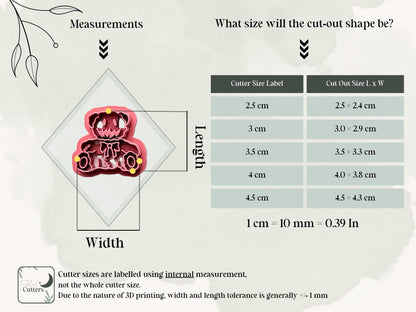 Spooky teddy bear polymer clay cutter size guide showing internal measurements and finished cut-out dimensions from 2.5 cm to 4.5 cm.